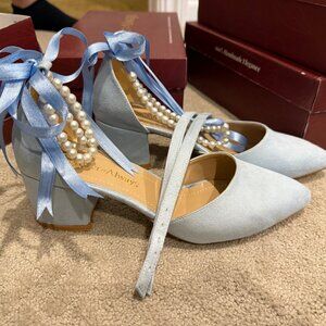 Brand New Forever & Always - Blue Miranda Low Block Heels with Pearls - Size 8.5